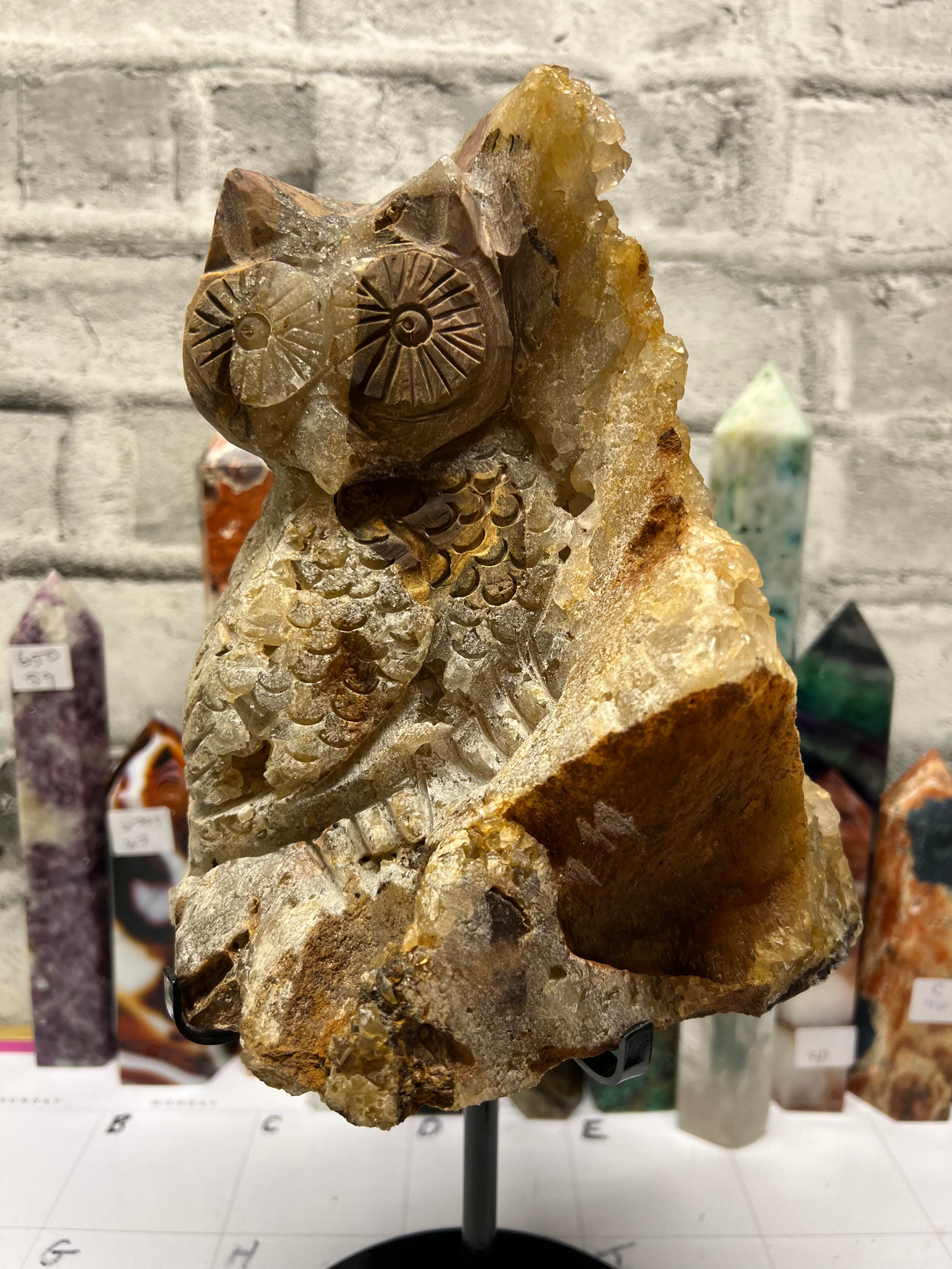 Gigantic Quartz Cluster Owl Carving for your statement piece!