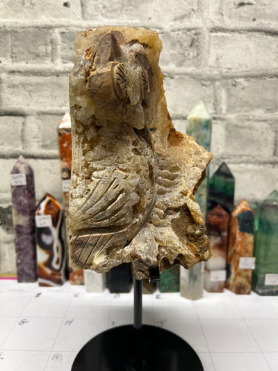 Gigantic Quartz Cluster Owl Carving for your statement piece!