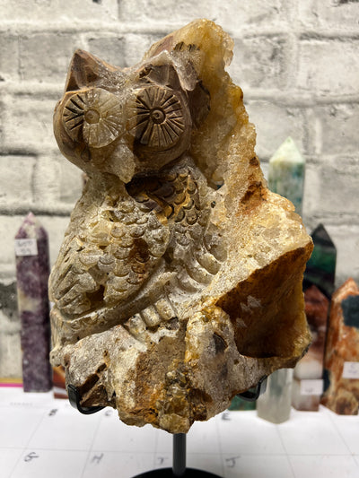 Gigantic Quartz Cluster Owl Carving for your statement piece!