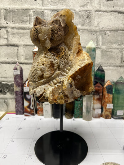 Gigantic Quartz Cluster Owl Carving for your statement piece!