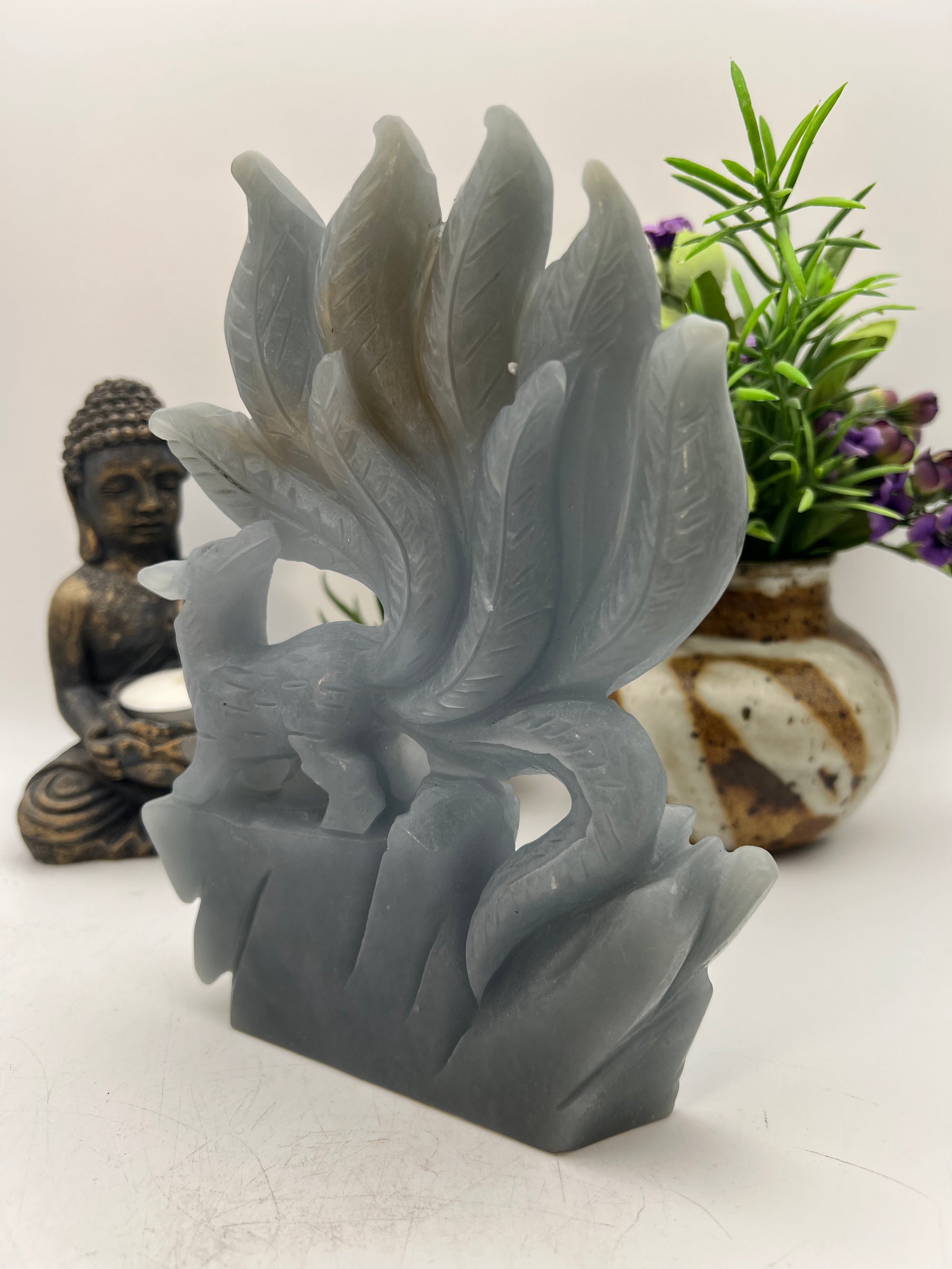 Beautiful Angelite 9 Tail Fox Carving