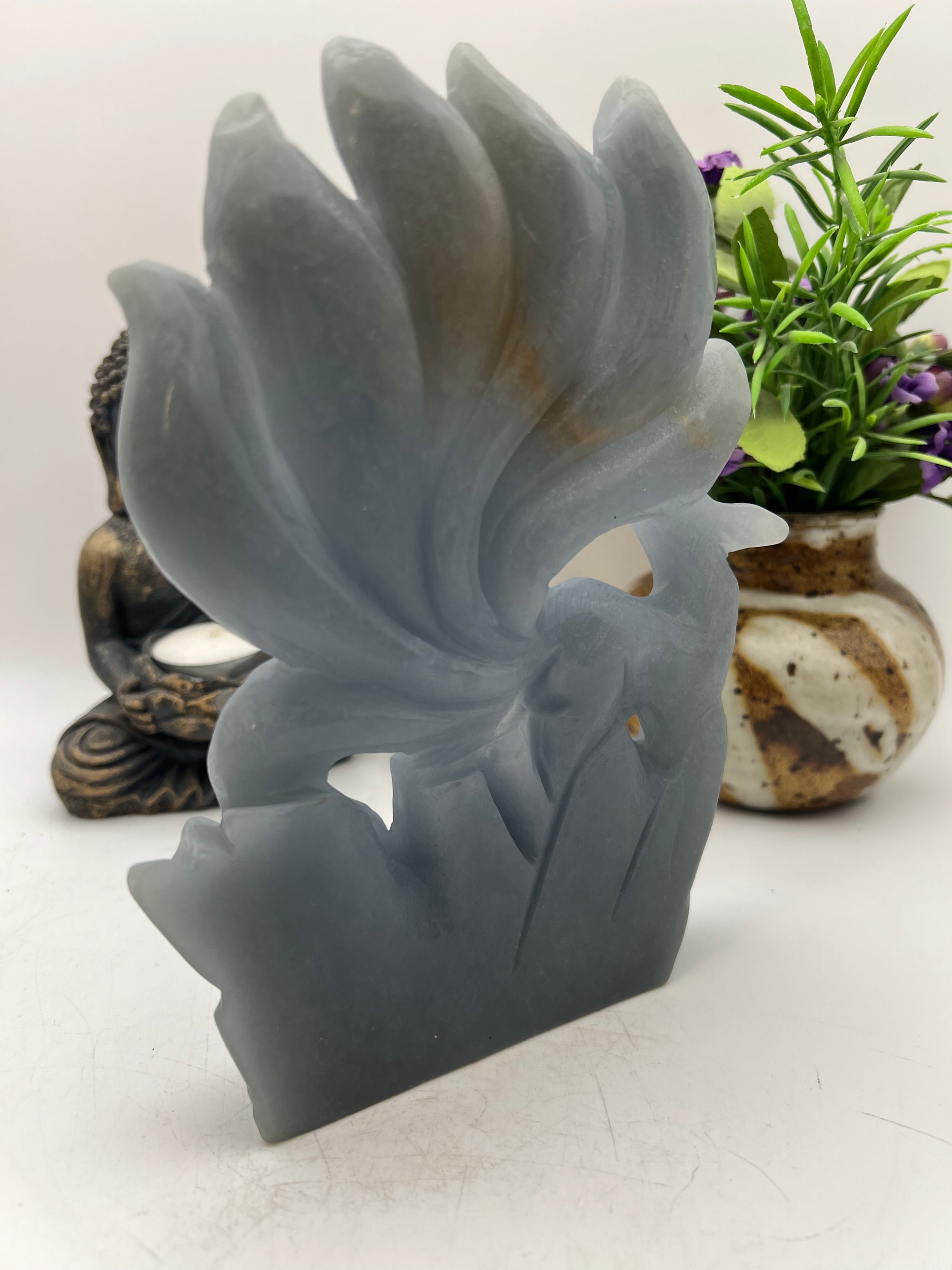 Beautiful Angelite 9 Tail Fox Carving