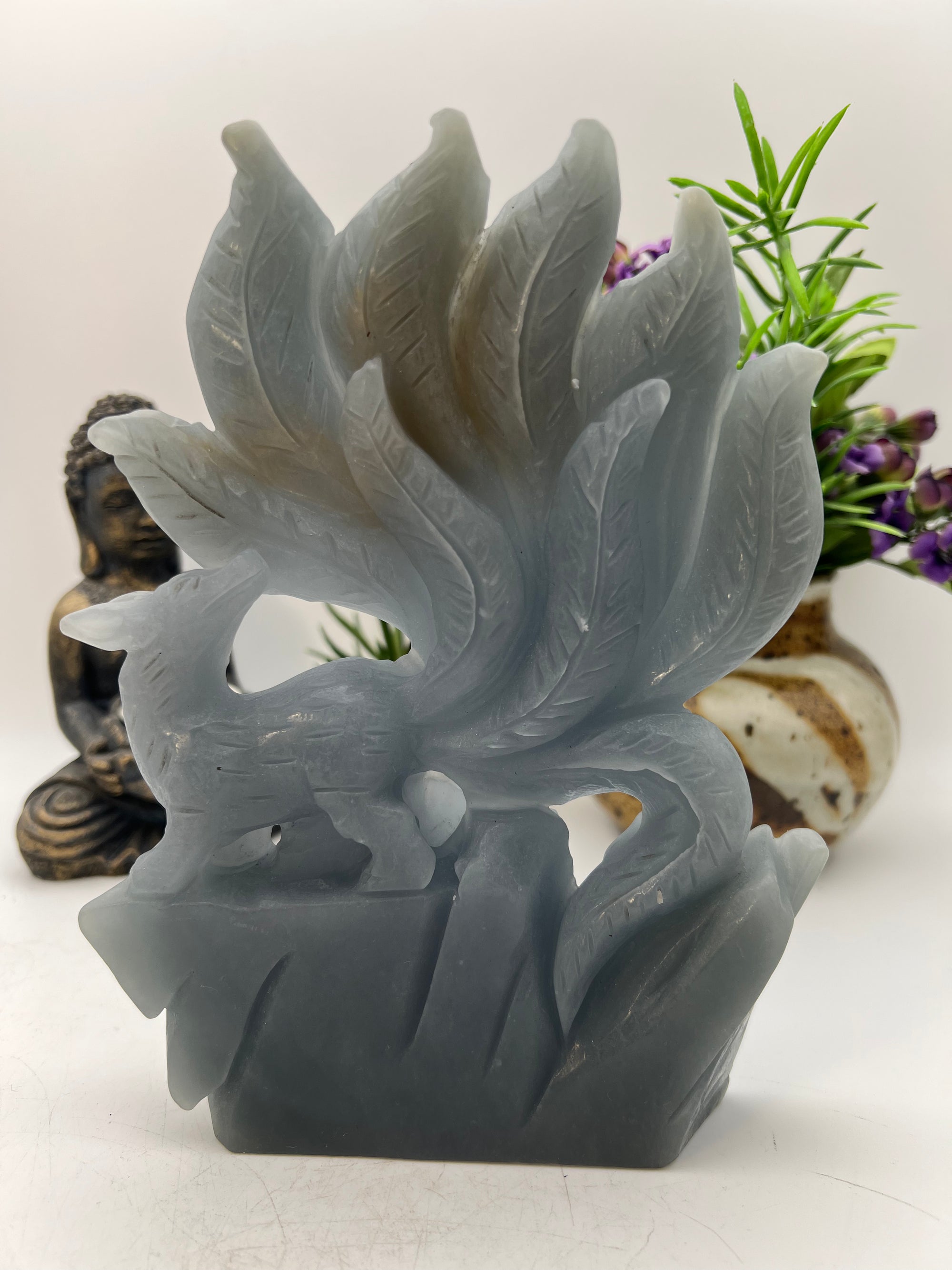 Beautiful Angelite 9 Tail Fox Carving