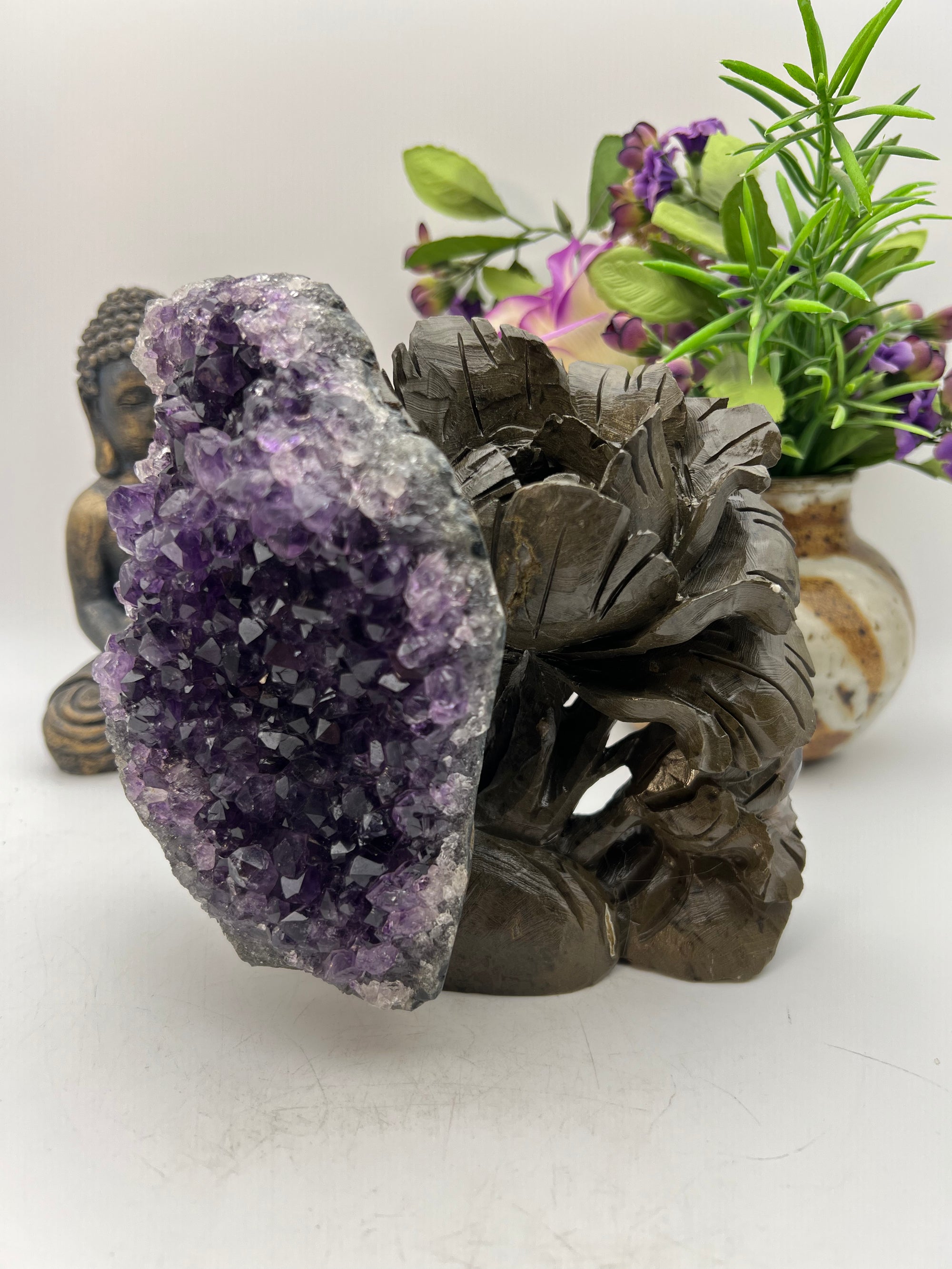 Amethyst Cluster Bird in Flowers Carving