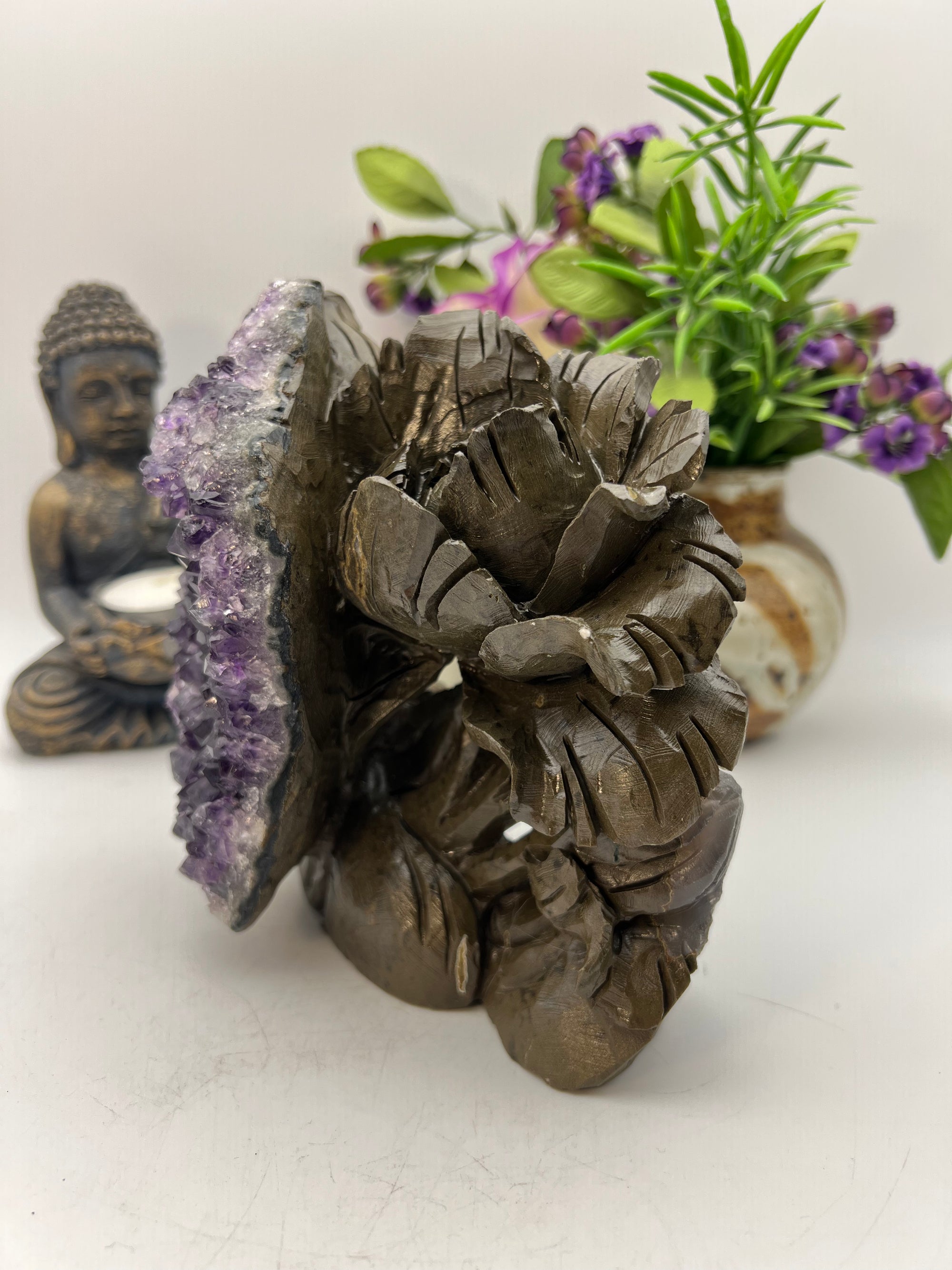 Amethyst Cluster Bird in Flowers Carving
