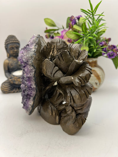 Amethyst Cluster Bird in Flowers Carving