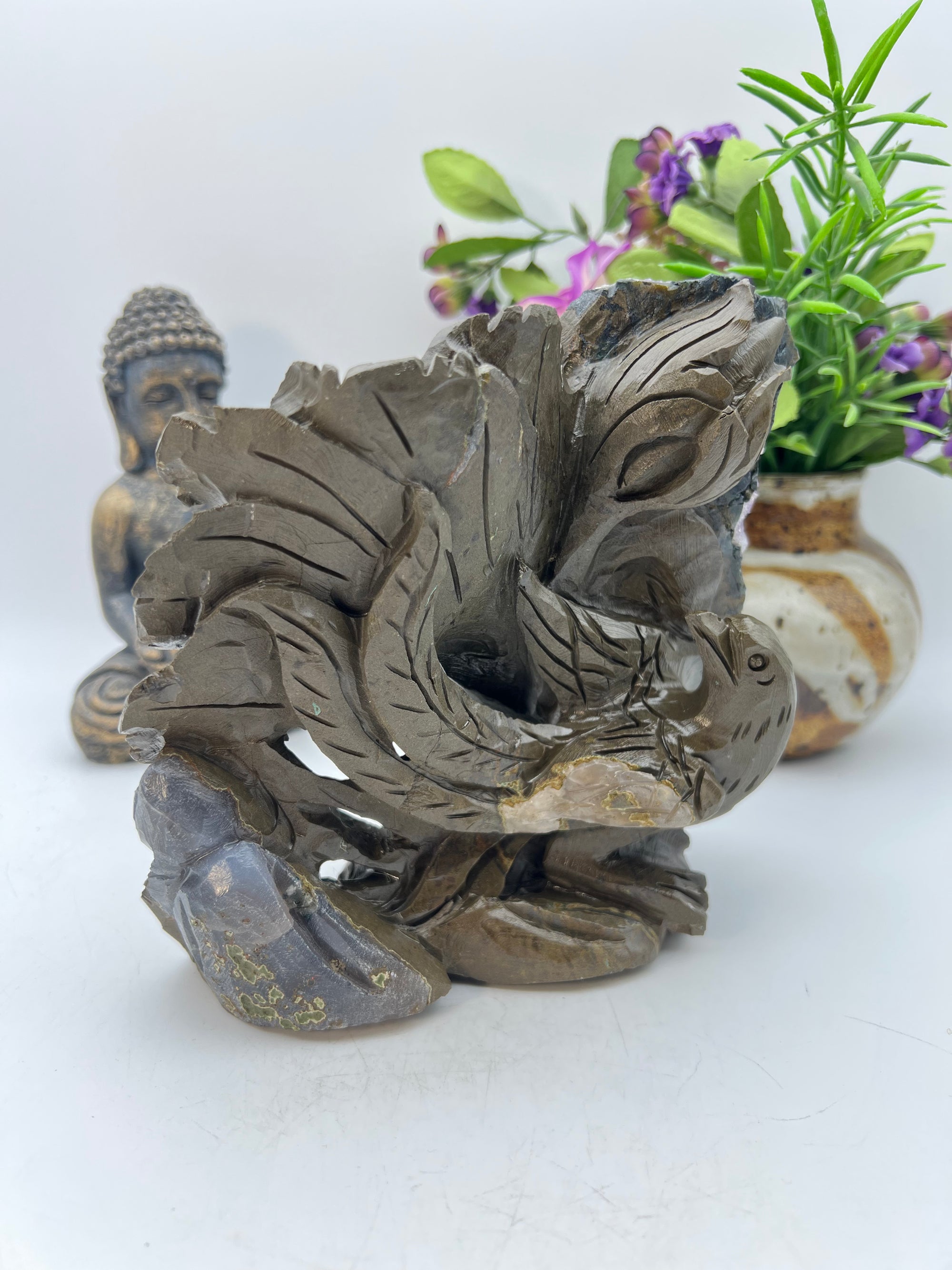 Amethyst Cluster Bird in Flowers Carving