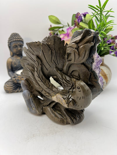 Amethyst Cluster Bird in Flowers Carving