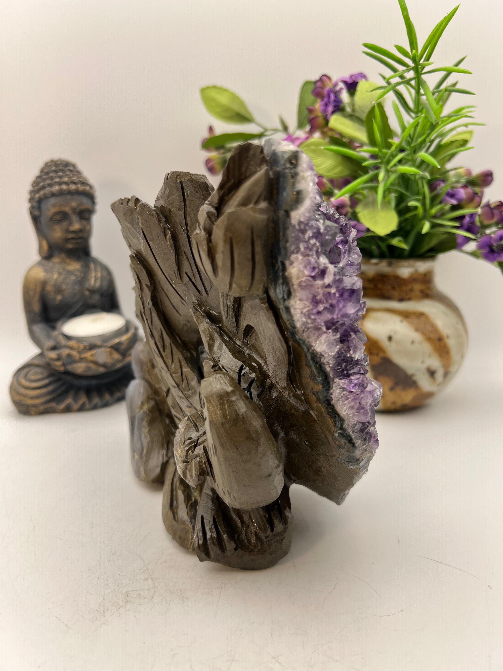 Amethyst Cluster Bird in Flowers Carving