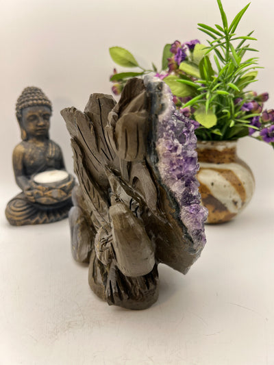 Amethyst Cluster Bird in Flowers Carving
