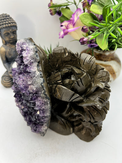 Amethyst Cluster Bird in Flowers Carving