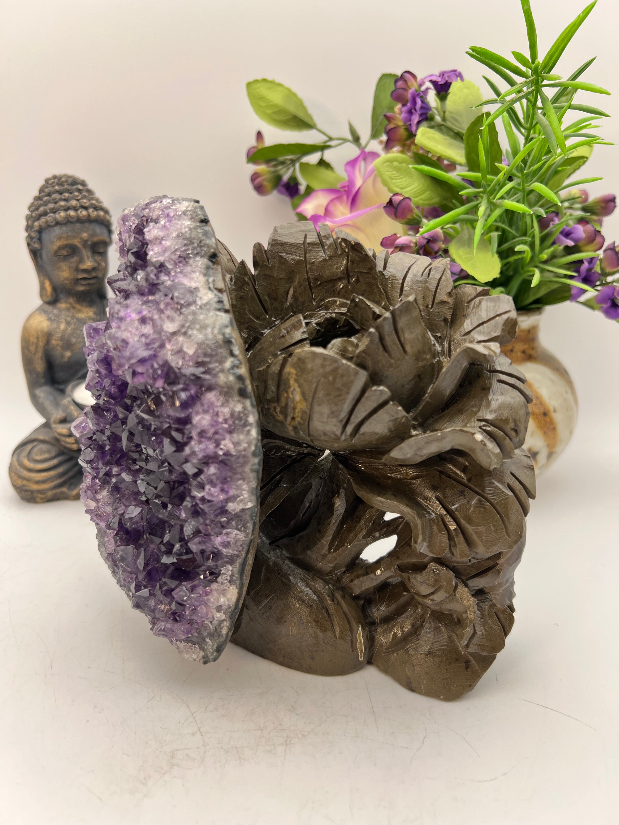 Amethyst Cluster Bird in Flowers Carving