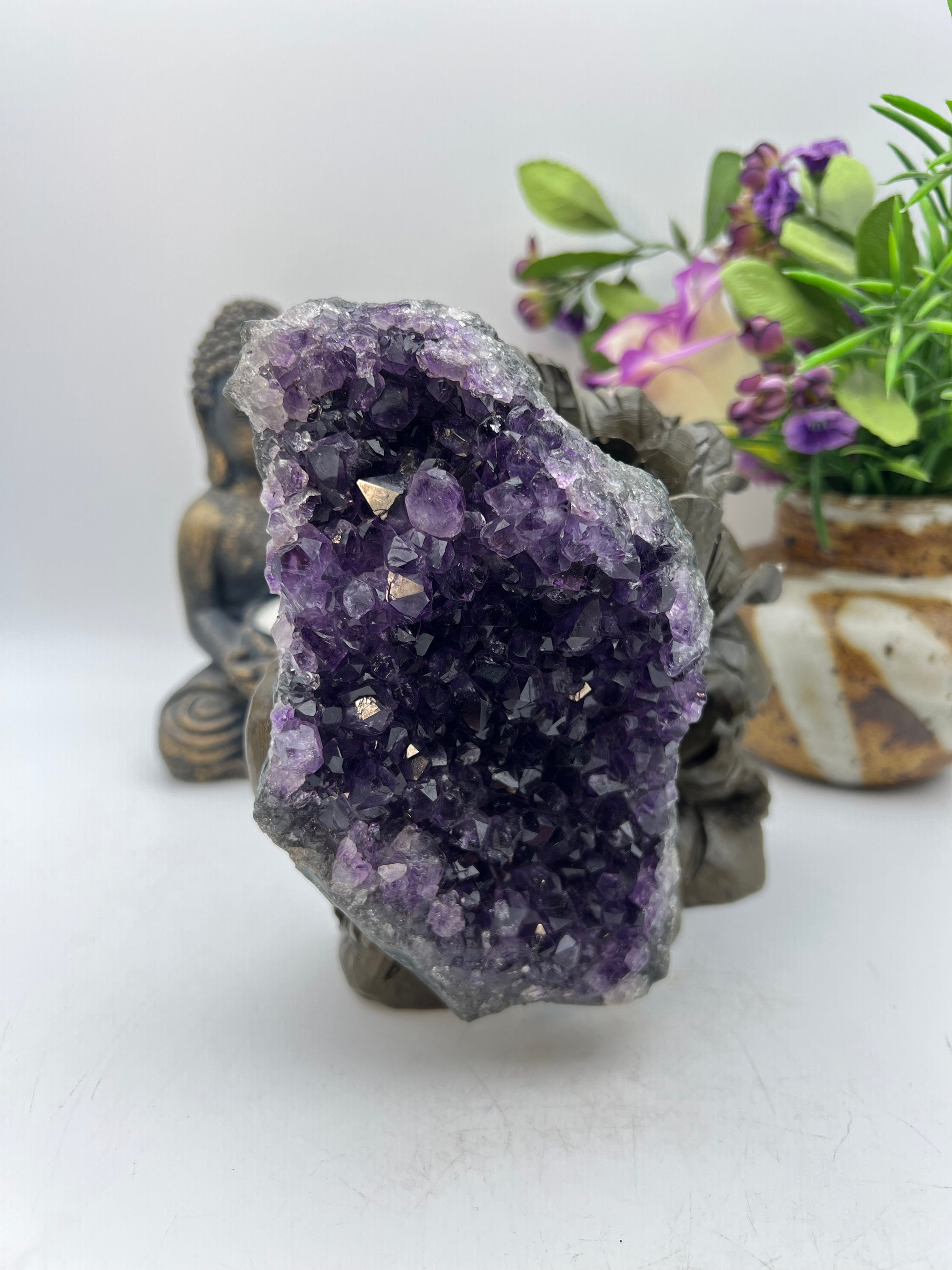 Amethyst Cluster Bird in Flowers Carving
