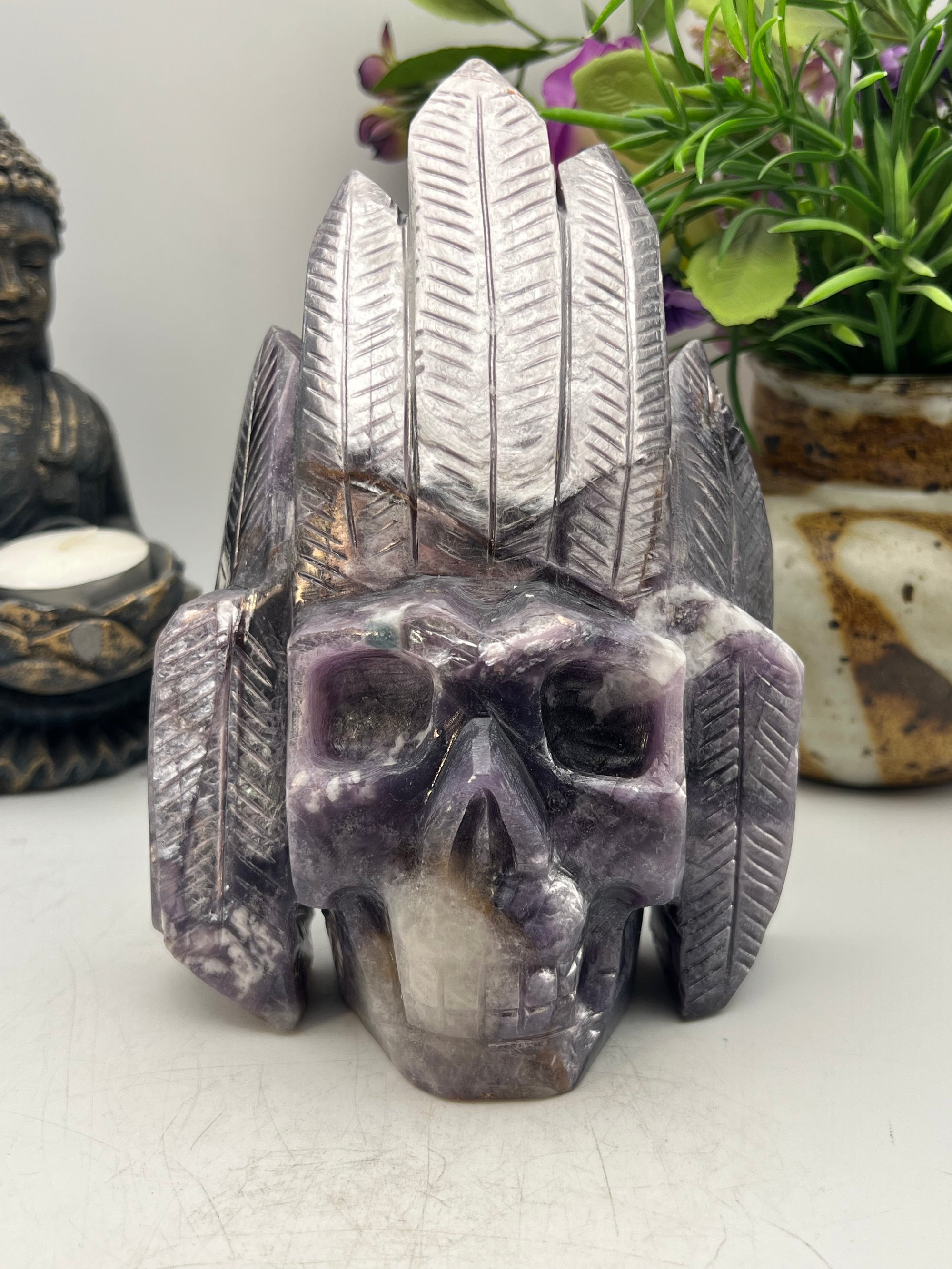 Purple Mica Indigenous Head Dress Skull Carving