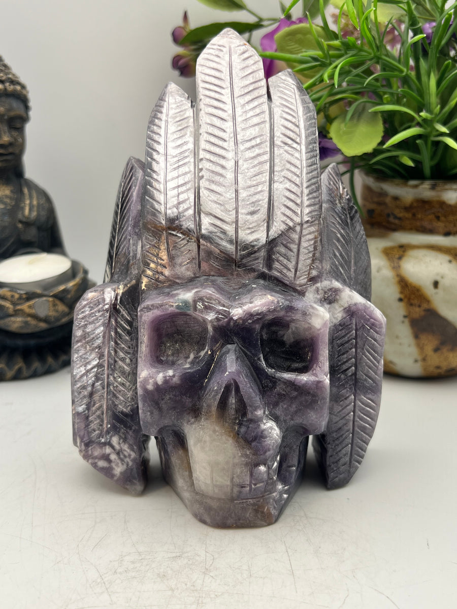 Purple Mica Indigenous Head Dress Skull Carving