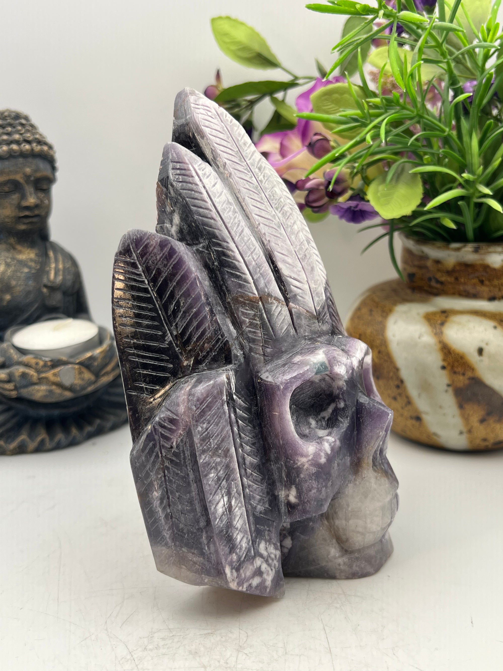 Purple Mica Indigenous Head Dress Skull Carving