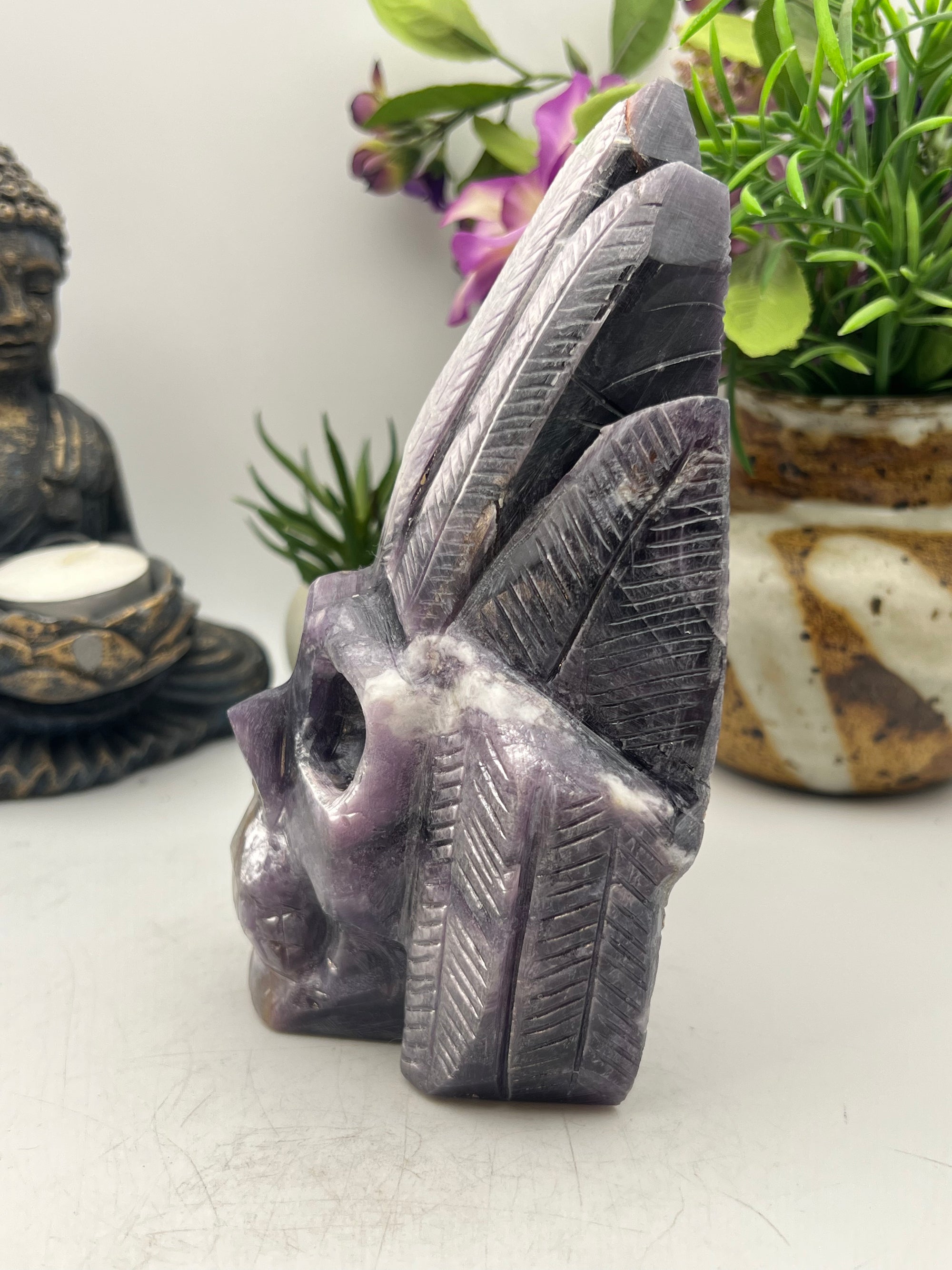 Purple Mica Indigenous Head Dress Skull Carving