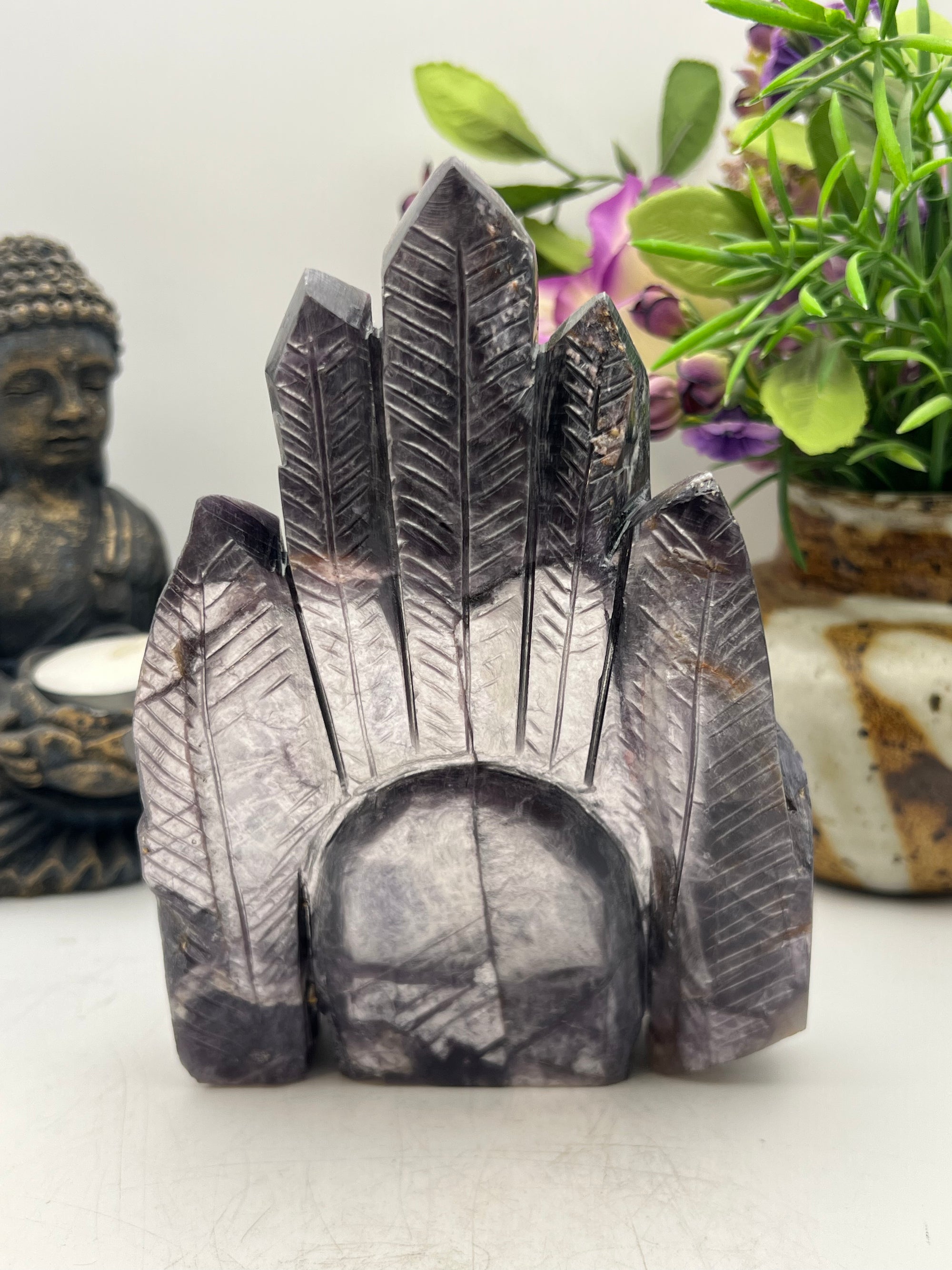 Purple Mica Indigenous Head Dress Skull Carving