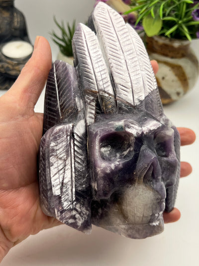 Purple Mica Indigenous Head Dress Skull Carving