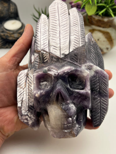 Purple Mica Indigenous Head Dress Skull Carving