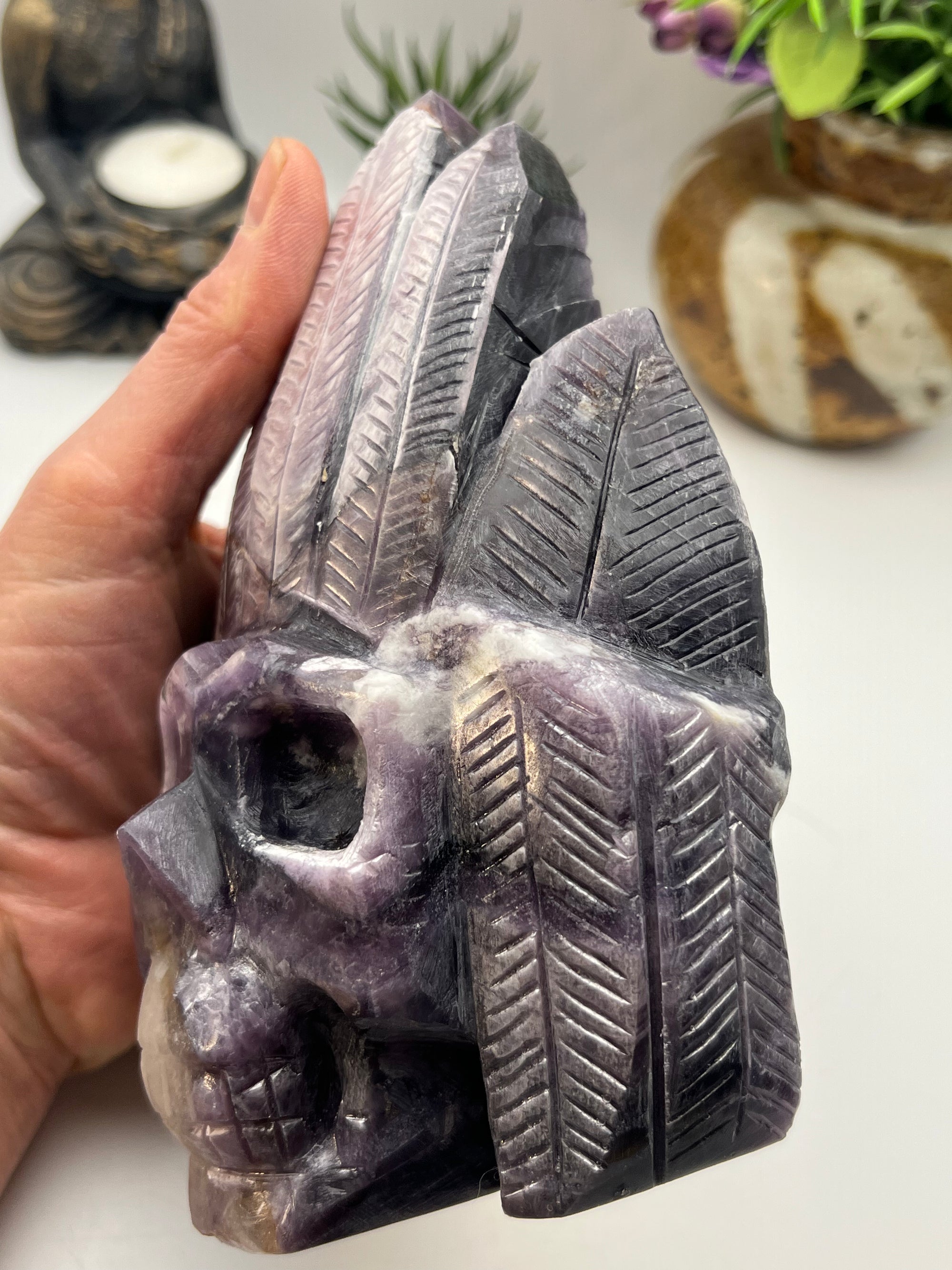 Purple Mica Indigenous Head Dress Skull Carving