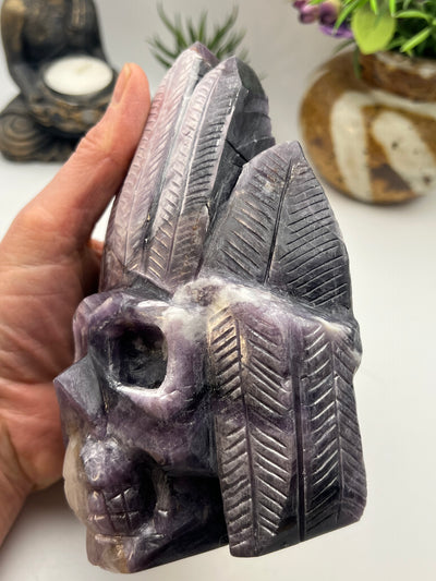 Purple Mica Indigenous Head Dress Skull Carving