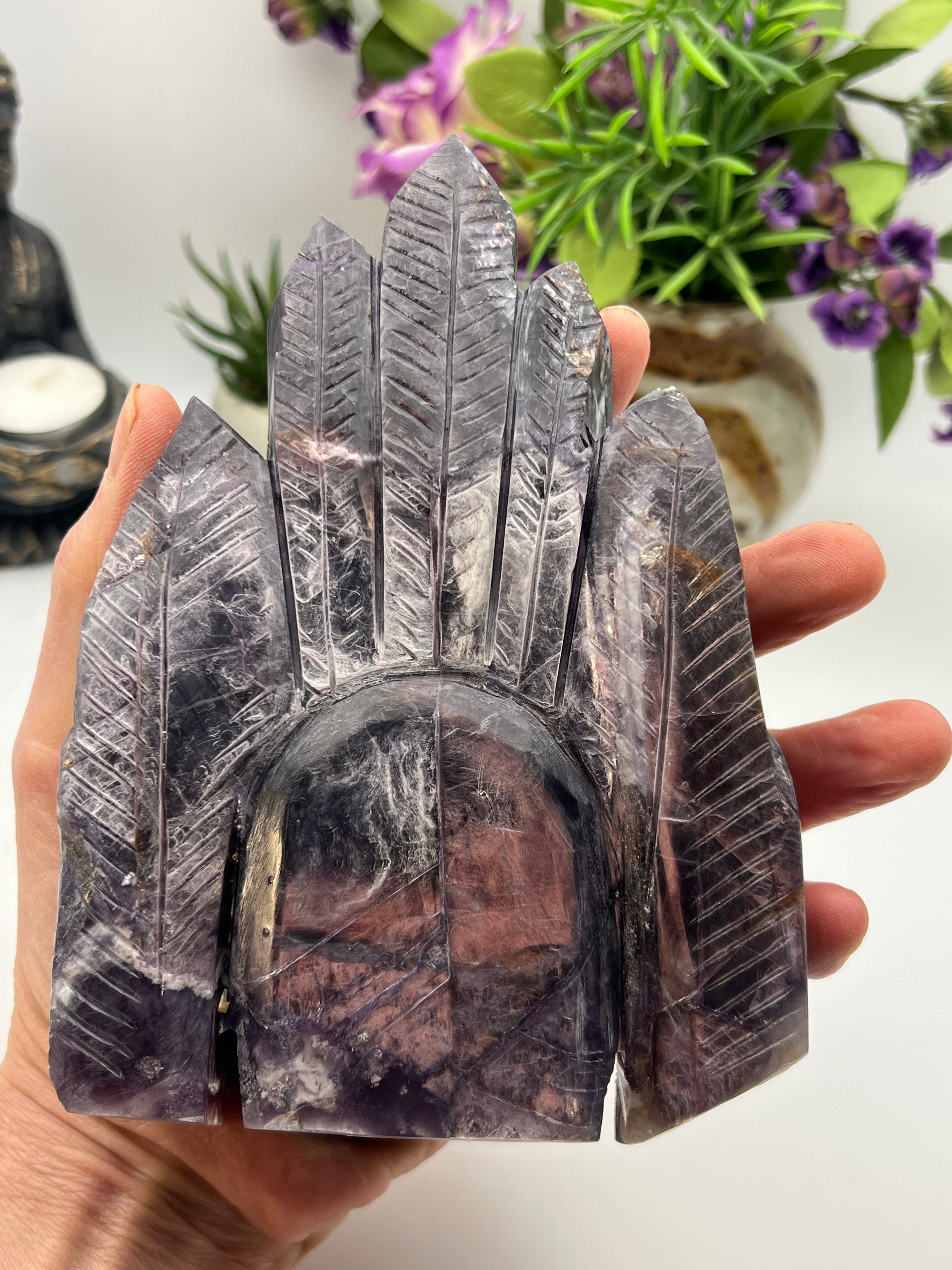 Purple Mica Indigenous Head Dress Skull Carving