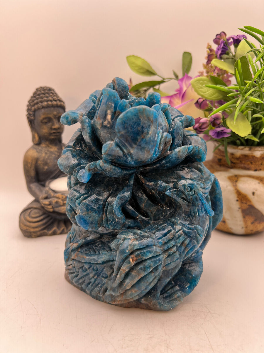Stunning Blue Apatite Bird and Flower Carving