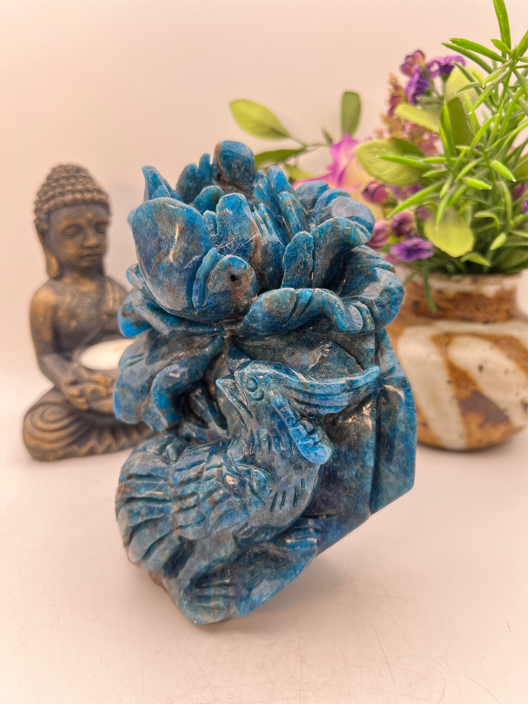 Stunning Blue Apatite Bird and Flower Carving