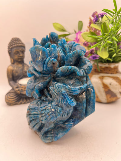 Stunning Blue Apatite Bird and Flower Carving