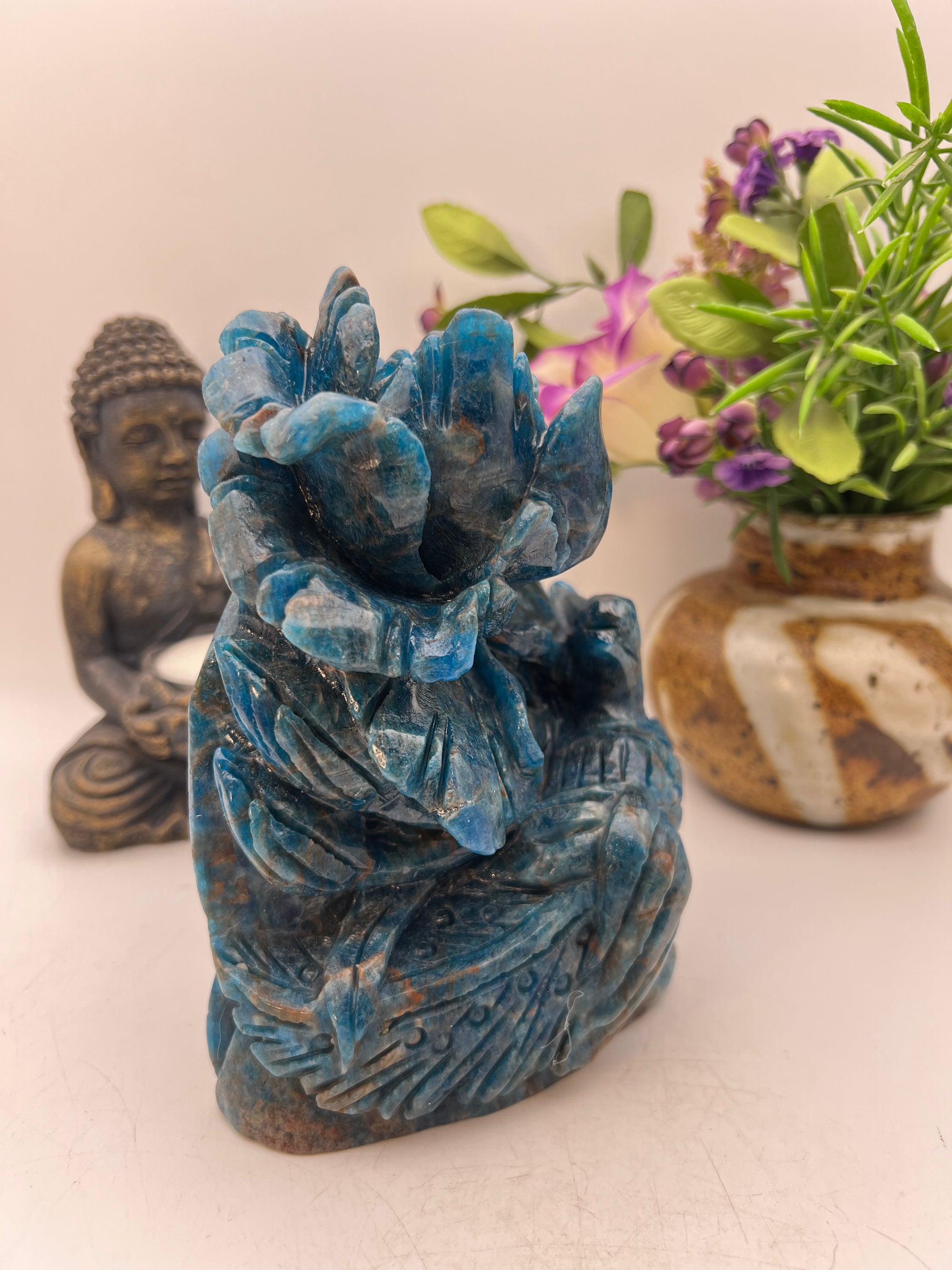 Stunning Blue Apatite Bird and Flower Carving