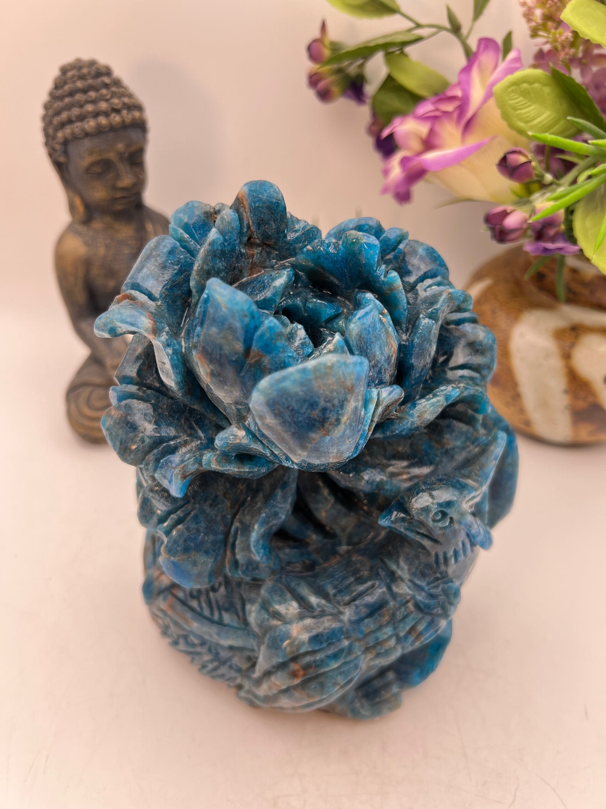 Stunning Blue Apatite Bird and Flower Carving