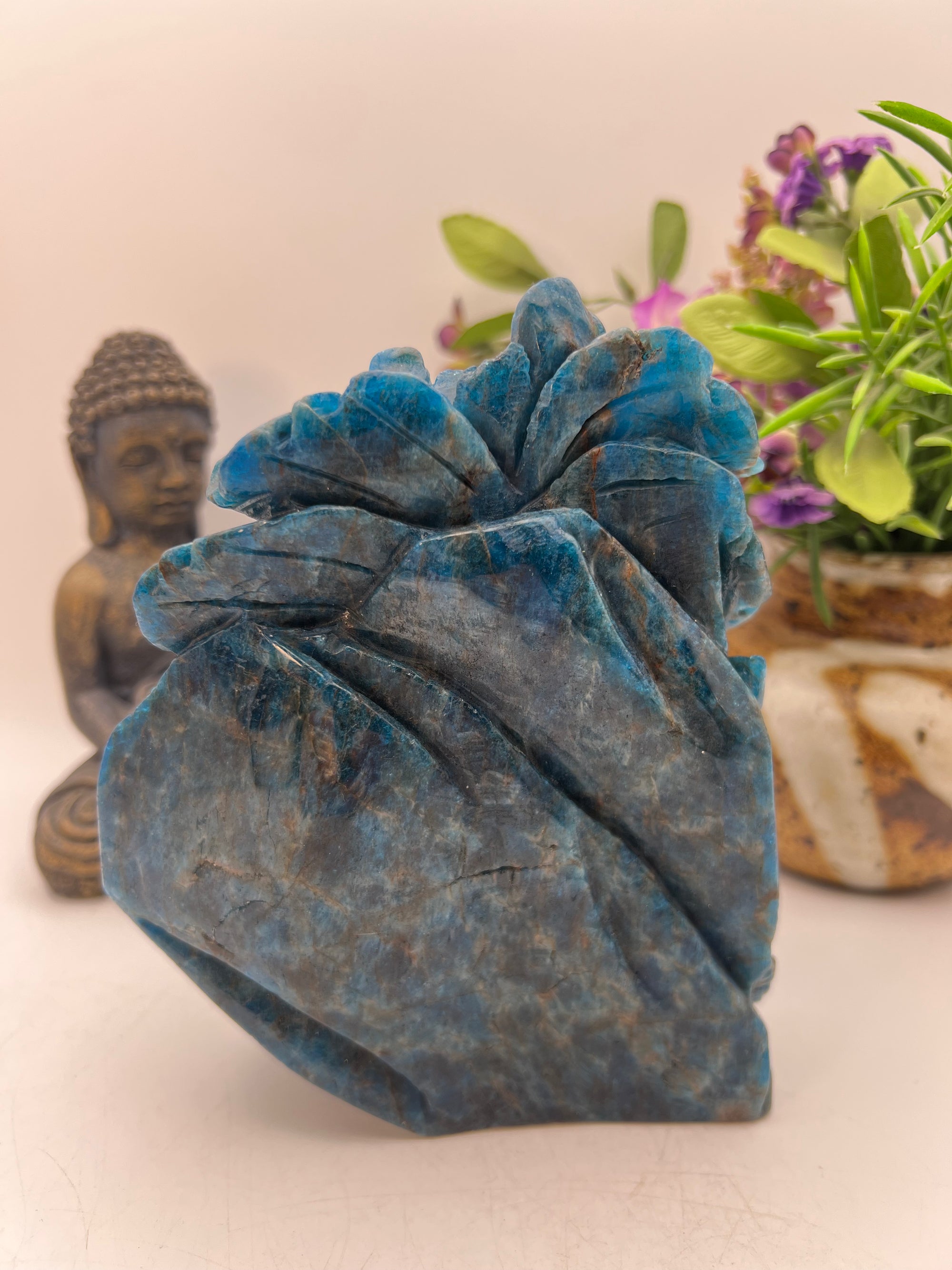 Stunning Blue Apatite Bird and Flower Carving