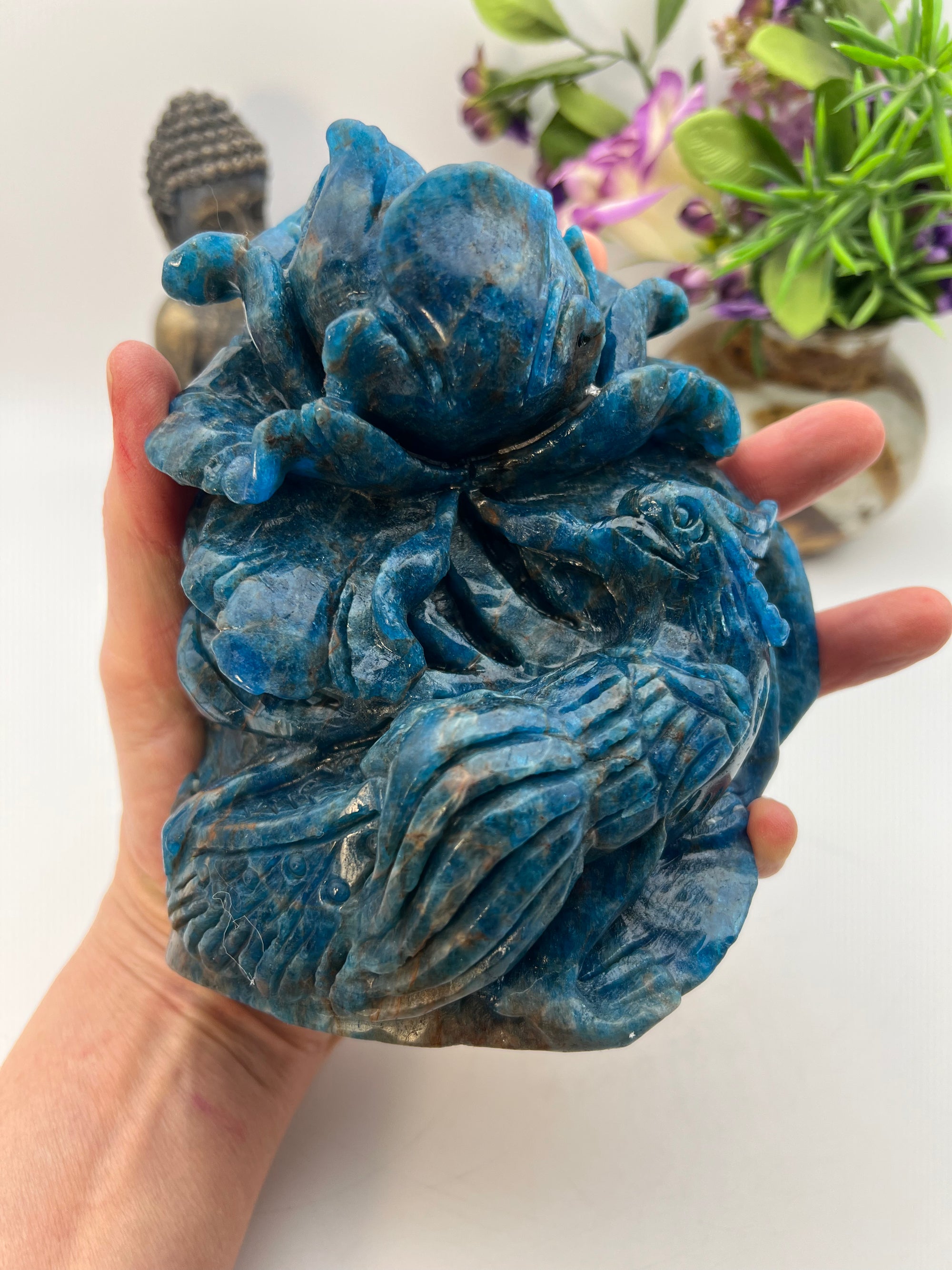 Stunning Blue Apatite Bird and Flower Carving