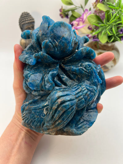 Stunning Blue Apatite Bird and Flower Carving