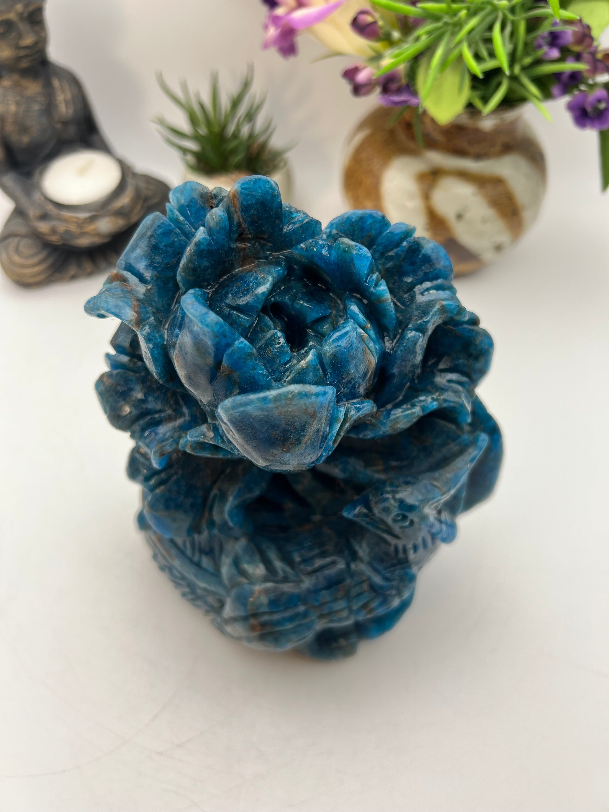 Stunning Blue Apatite Bird and Flower Carving