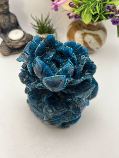 Stunning Blue Apatite Bird and Flower Carving